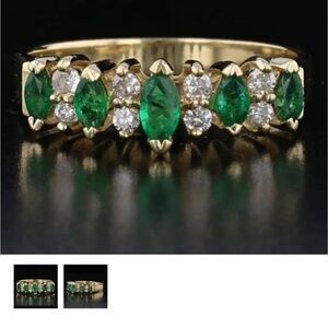 Antique 14k yellow gold 3ct marquise cut emerald and diamond ring